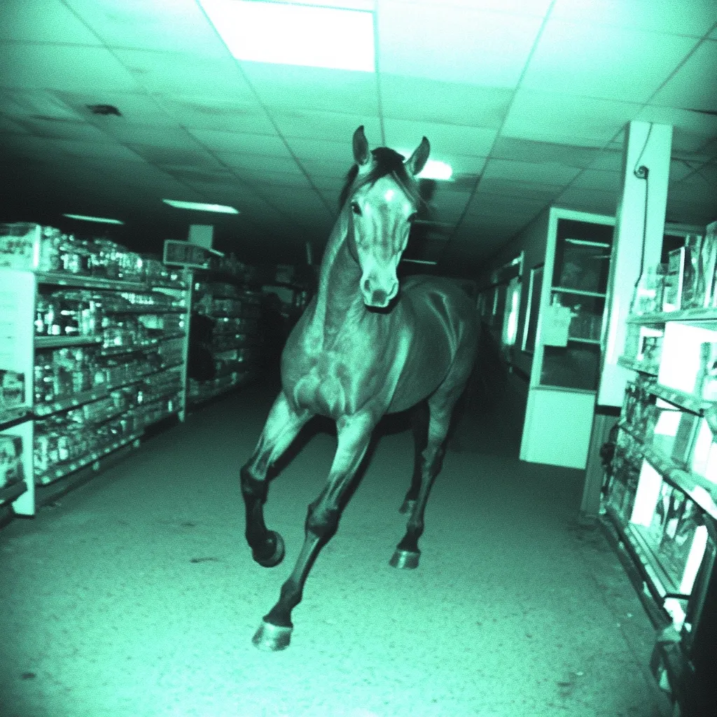 A dark, teal-toned image shows a horse trotting down the aisle of a store.  The horse is dark brown or black, and appears to be moving quickly. Store shelves stocked with various items line the walls on either side of the aisle. The overall atmosphere is eerie and surreal.