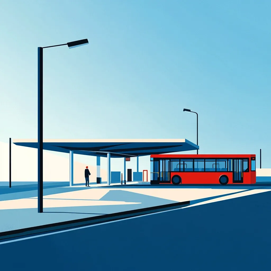 A stylized illustration depicts a red bus parked at a modern bus shelter under a clear blue sky. A lone figure stands waiting nearby. The scene is minimalist, with bold colors and sharp lines, creating a sense of calm and quietude. The overall aesthetic is clean and geometric. The image suggests a public transportation stop in a contemporary setting.