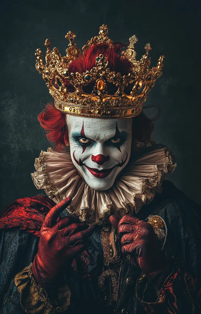 A darkly lit portrait of a clown king.  He wears a large, ornate gold crown and a ruffled, Elizabethan-style collar. His clown makeup is exaggerated, featuring dark eyes and a sinister smile.  He's dressed in a regal, dark robe with red accents and long, crimson gloves.  The overall mood is eerie and theatrical.