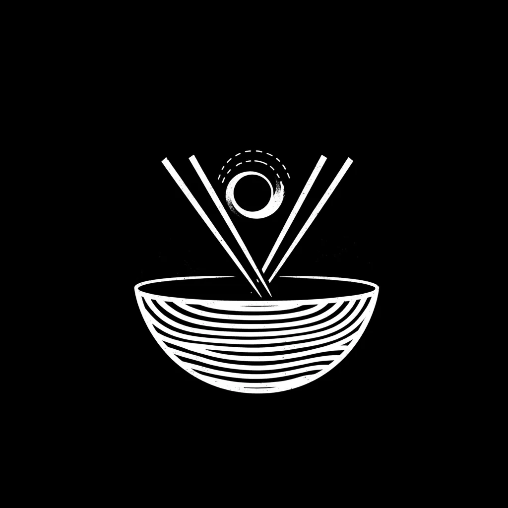 A minimalist black and white illustration depicts a bowl of noodles.  Two chopsticks are positioned above the bowl, converging towards a small circle in the center, suggesting a single piece of food or a seasoning. The bowl is rendered with textured, parallel lines, giving it a hand-drawn feel.  The image is clean and stylish, suitable for a restaurant logo or menu design.