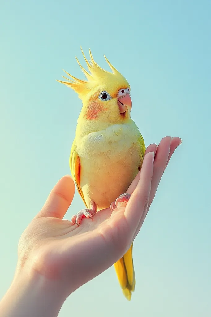 A vibrant yellow cockatiel perches gently on an outstretched hand against a soft blue sky.  The bird's plumage is bright and fluffy, its crest slightly raised.  The contrast between the bird's sunny color and the serene background creates a peaceful and heartwarming image. The hand holds the bird securely, suggesting a trusting bond between the pet and its owner.
