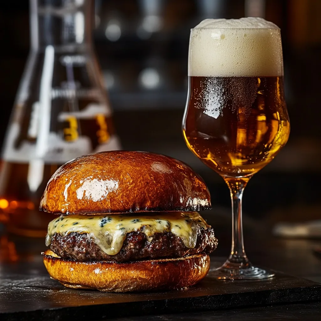 A juicy gourmet burger, topped with melted blue cheese, sits on a dark slate next to a glass of frothy amber beer. The bun is shiny and golden brown, the meat patty perfectly browned.  The background is blurry, hinting at a dimly lit bar or restaurant setting with a glass decanter partially visible.  The overall image evokes a feeling of relaxed indulgence.