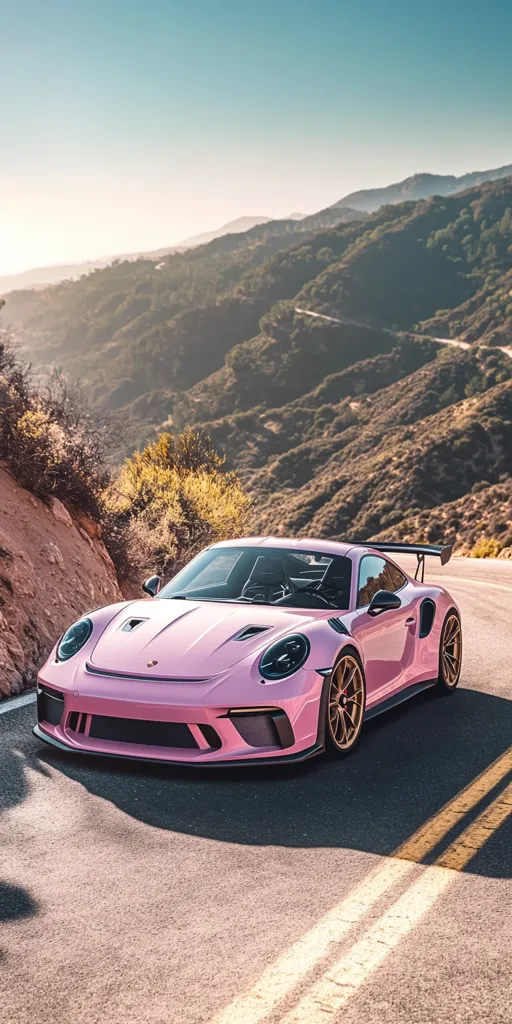A vibrant pink Porsche 911 GT3 RS is parked on a winding mountain road. The car's sleek design and powerful stance are emphasized against the backdrop of rolling hills and a clear blue sky. The setting sun casts long shadows, highlighting the car's curves and the texture of the asphalt.  The scene evokes a sense of speed, luxury, and adventure.