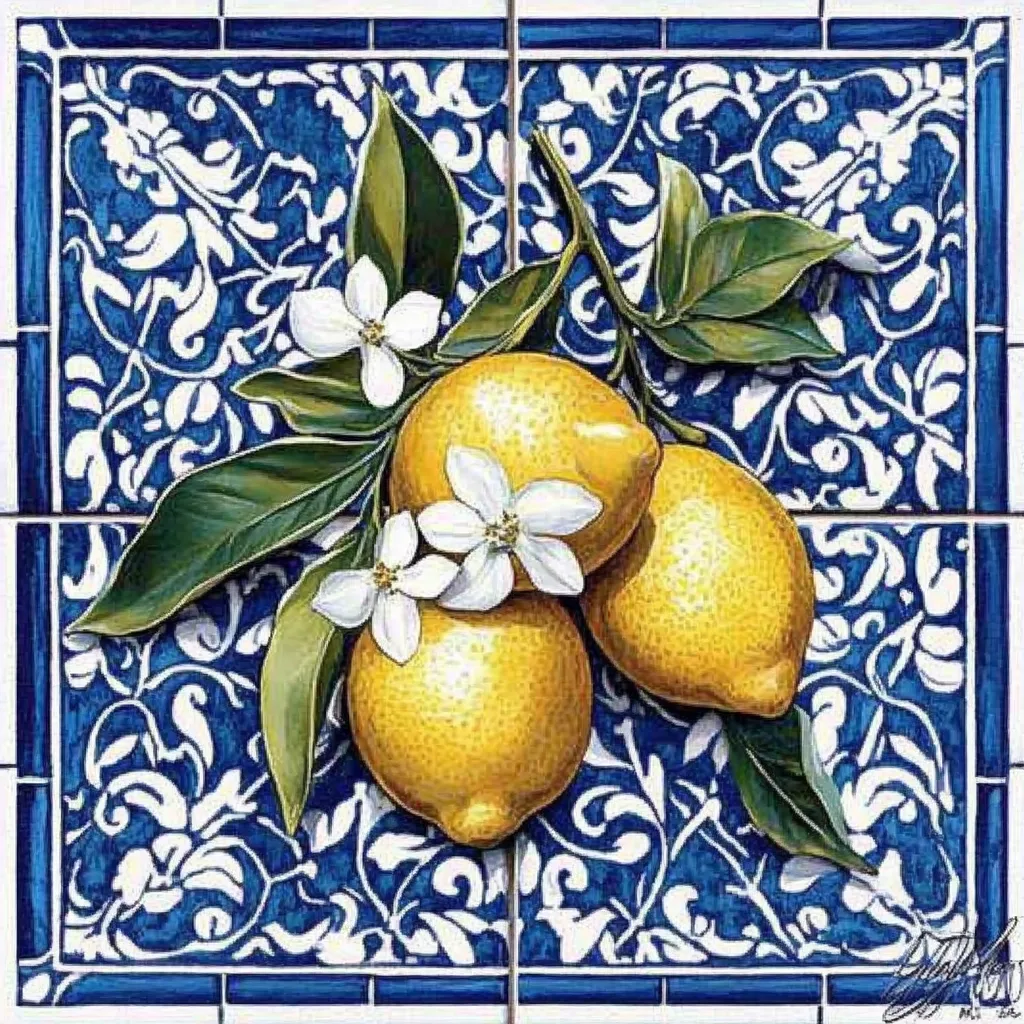 A vibrant still life depicts three ripe lemons nestled amongst blossoming citrus branches.  The lemons, rendered in rich yellow hues, contrast beautifully against a backdrop of intricate blue and white Portuguese-style tilework. Delicate white blossoms add a touch of floral elegance to the composition, creating a visually appealing and harmonious scene.