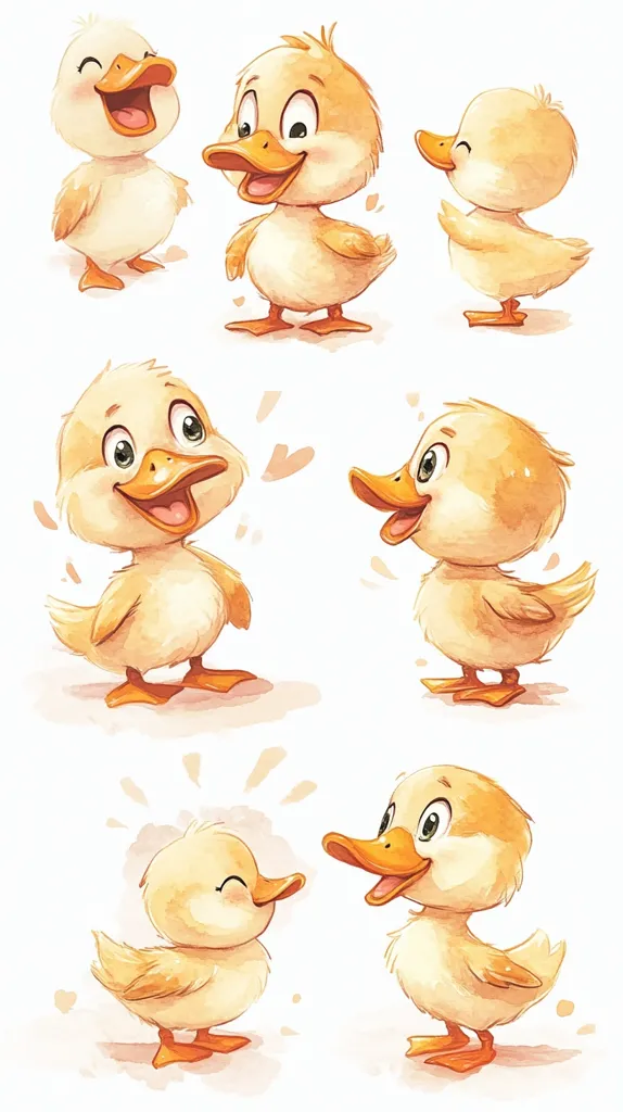 Six adorable cartoon ducklings are depicted in various poses.  They are fluffy, yellow, and have expressive eyes and beaks. Some are smiling, others are looking sideways, showing a range of charming expressions. The watercolor style gives them a soft, cuddly appearance. The background is a simple white, making the ducklings the clear focus.