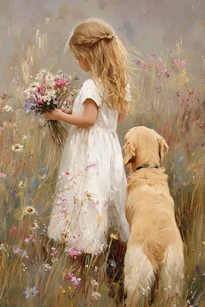 A young girl in a white dress stands in a field of wildflowers, holding a bouquet.  A golden retriever sits patiently behind her.  The scene is painted in a soft, impressionistic style, with muted colors and a dreamy atmosphere. The girl's blonde hair flows freely, and the overall feeling is one of innocence and gentle companionship.
