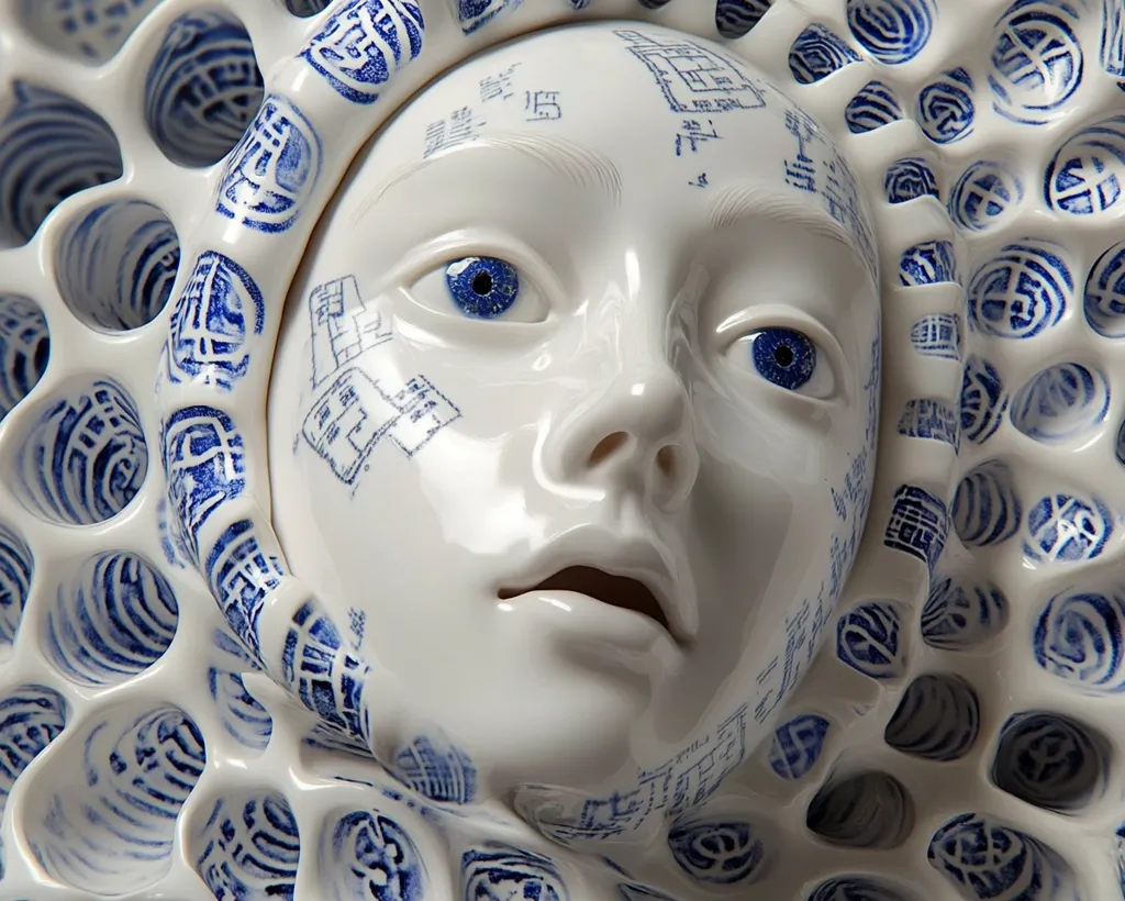 A close-up of a porcelain sculpture depicting a face, seemingly female, with a surprised expression.  The face is adorned with blue and white markings resembling architectural blueprints or Chinese characters. The face is surrounded by an intricate, textured frame of porcelain with repeating patterns in the same blue and white palette. The overall effect is one of both delicate beauty and unsettling detail.