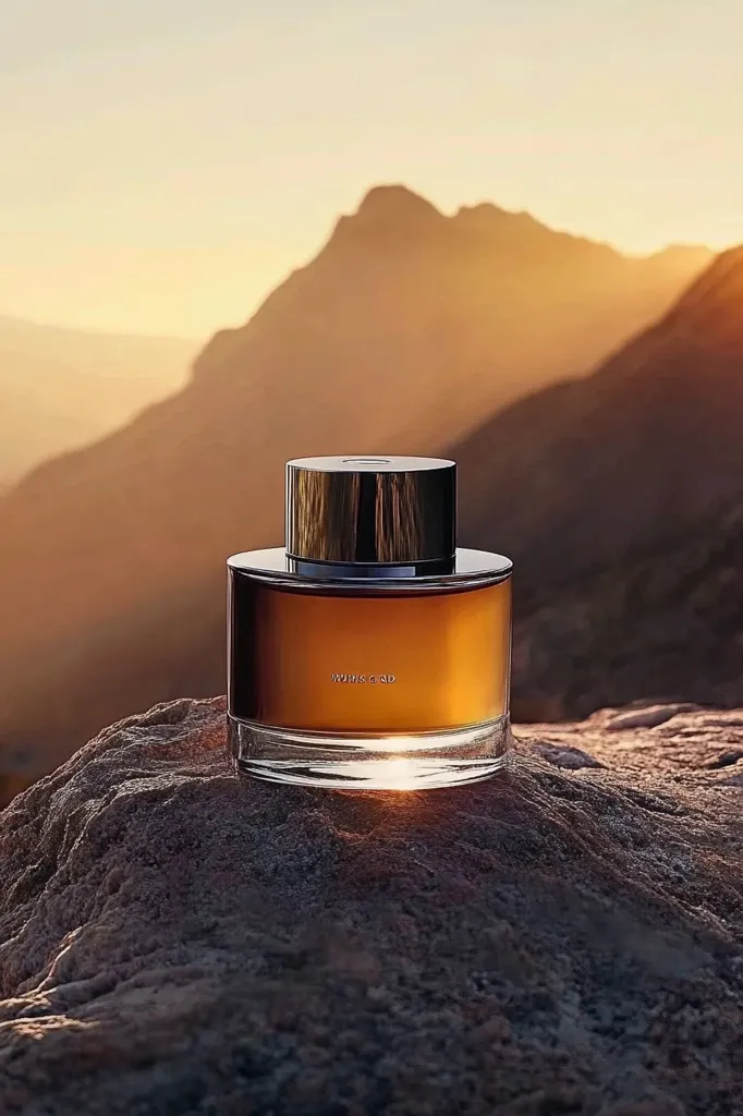 A bottle of "Whisky Oud" perfume rests on a rugged rock, backlit by a warm sunset.  The amber-colored liquid within the glass bottle contrasts beautifully against the dark rock and the hazy, golden mountains in the background. The scene evokes a sense of luxury and adventure.