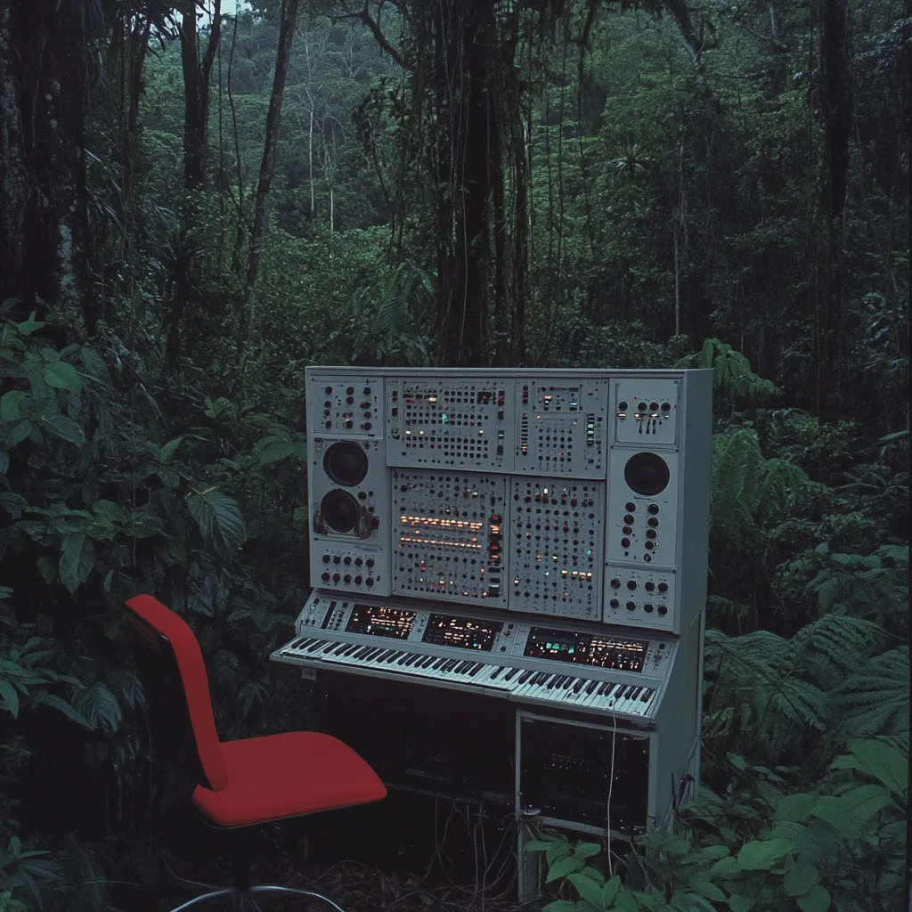 A large modular synthesizer sits amidst lush, verdant rainforest foliage.  The grey synthesizer, with its numerous knobs and buttons, is illuminated, contrasting with the dark, shadowy jungle environment. A red chair is positioned in front of the instrument, suggesting a secluded music creation space within the natural world. The scene evokes a feeling of serene isolation and artistic inspiration.