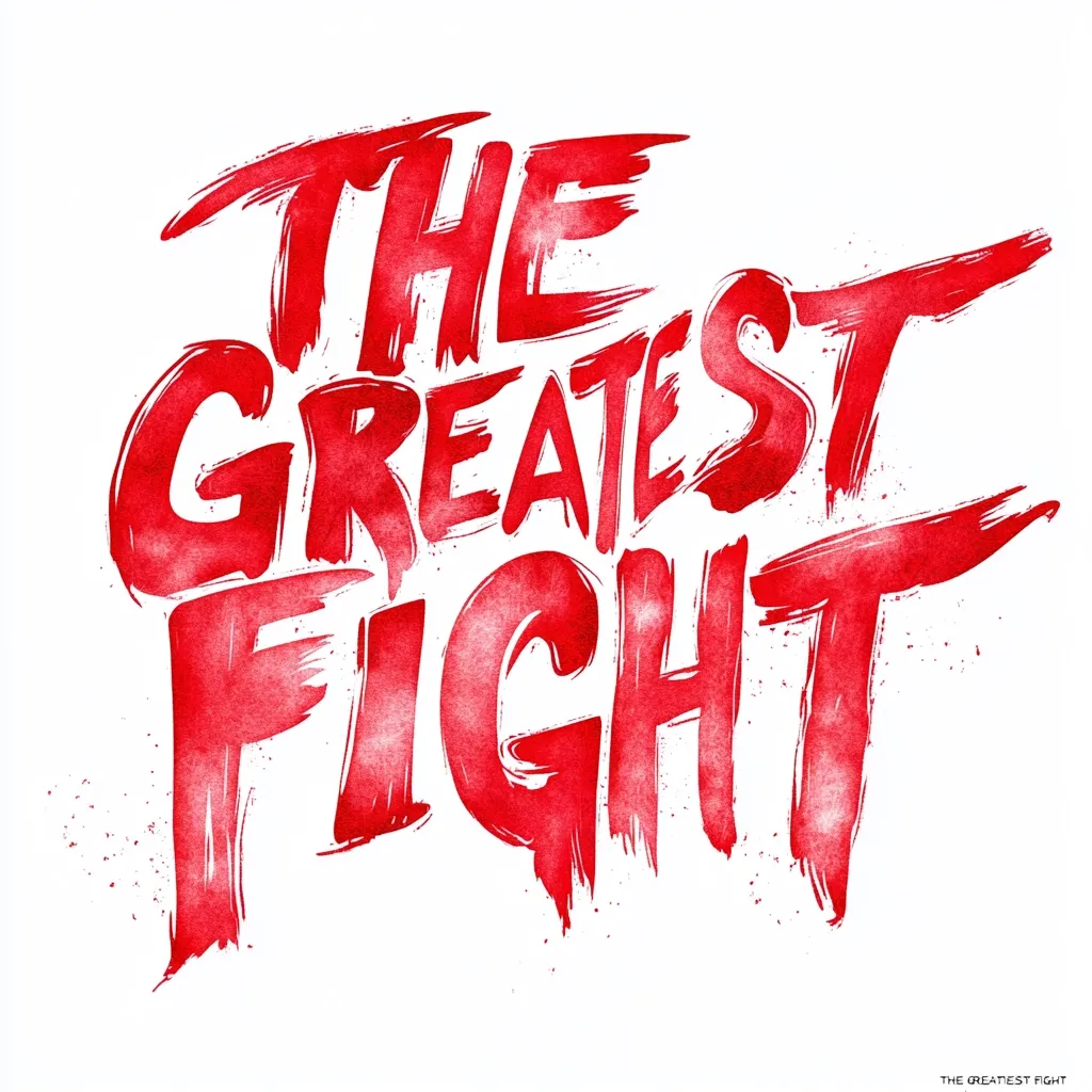 The image showcases a vibrant red watercolor design. The words "THE GREATEST FIGHT" are boldly presented in a stylized, brush-stroke font, conveying a sense of power and intensity.  The text is slightly textured, adding depth and visual interest. The overall effect is energetic and dramatic.