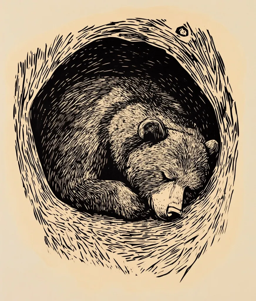 A black and white woodblock print depicts a bear sleeping soundly within a hollowed-out tree trunk. The bear's fur is intricately detailed, showing the texture of its coat. The tree's bark is rough and textured, contrasting with the bear's smooth form. The image is a study in contrasts: light and dark, rough and smooth, rest and activity. The overall effect is serene and peaceful.