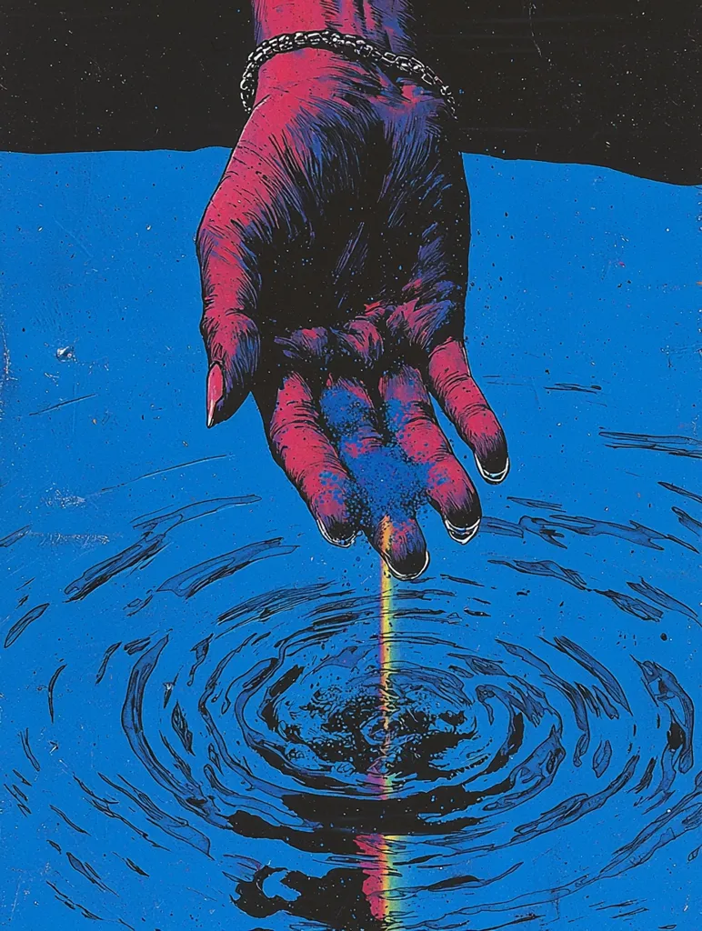 A stylized hand, adorned with a chain bracelet, releases a vibrant purple powder into a body of water.  The powder creates a colorful, shimmering trail as it sinks, causing concentric ripples on the deep blue surface.  The image is rendered in a bold, graphic style with contrasting dark and bright colors, conveying a mystical or surreal atmosphere.