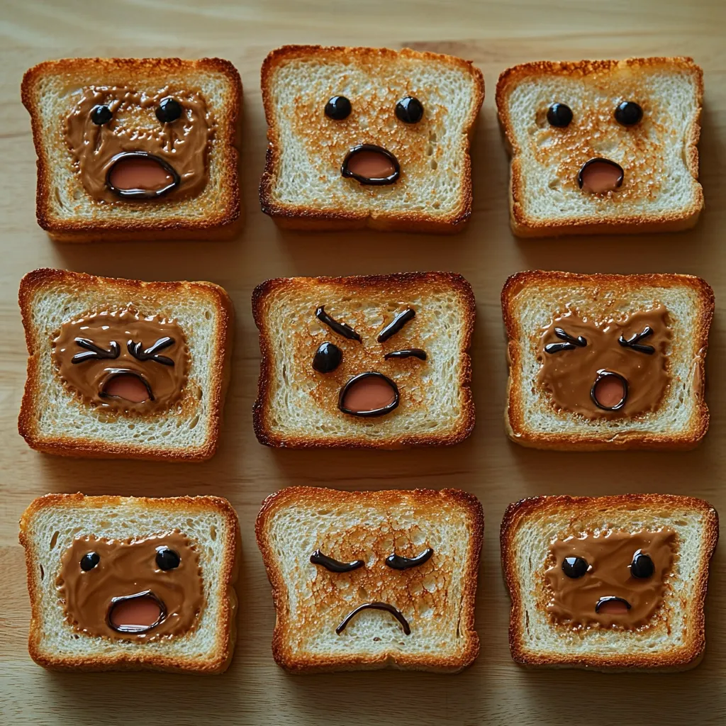 Nine slices of toast are arranged in a grid. Each slice has a different facial expression created using peanut butter and chocolate syrup.  The expressions range from surprised and angry to sad and frustrated, forming a humorous array of emotions.  The toast is lightly toasted and the background is a simple light wood surface.