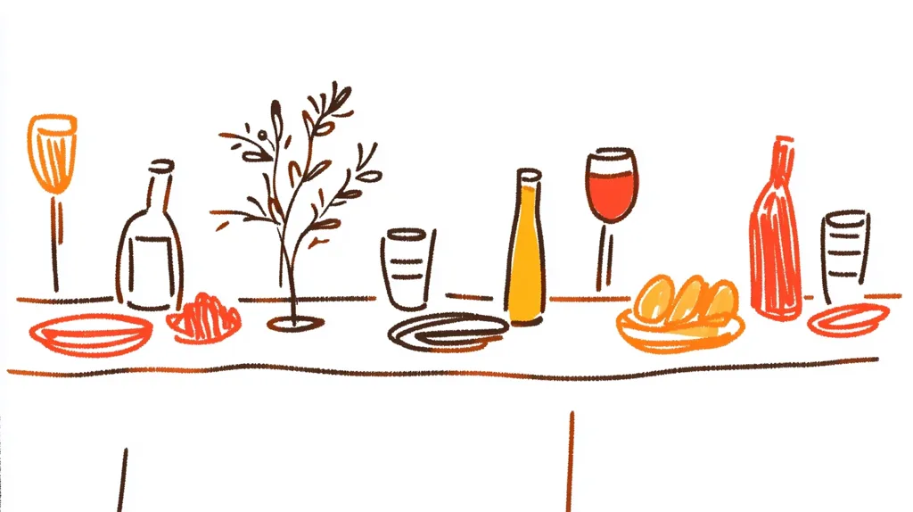 A simple line drawing depicts a table setting.  A wine glass and bottle, along with a smaller bottle, possibly oil, are present. There are plates, glasses, a small dish of what looks like olives or a relish, and a plate of bread rolls. A small plant sits as a centerpiece. The style is informal and sketch-like.