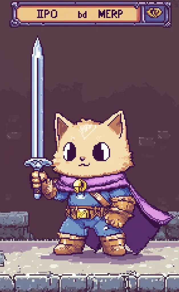 A pixel art depiction of a cute cat character, possibly from a video game.  The cat is light brown with large eyes, wearing a purple cloak and blue tunic, and holding a long sword.  A game UI element at the top shows "IPO bd MERP," suggesting a game title or status. The style is reminiscent of classic 8-bit or 16-bit RPGs. The scene is set on a stone pathway.