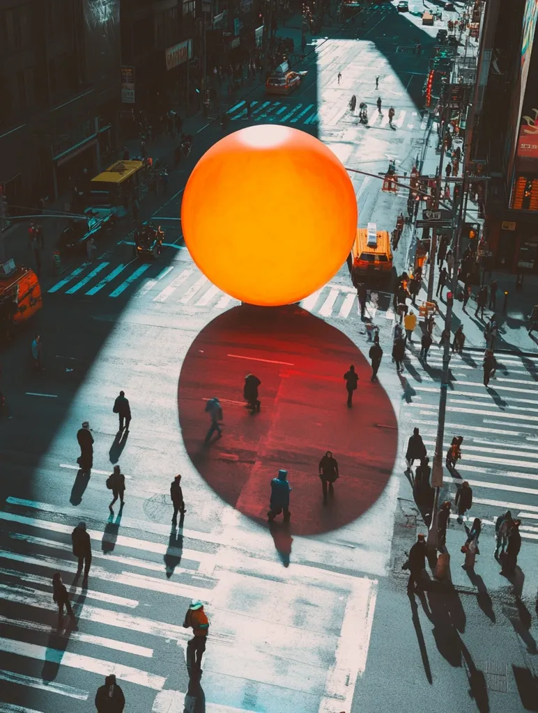 A large, vibrant orange sphere sits in the middle of a busy New York City intersection.  Pedestrians cross the zebra-striped crosswalks, their shadows cast long and stark by the sunlight. The sphere's shadow is a deep crimson, contrasting with the bright sphere and the city's grey tones.  Cars are visible, adding to the bustling urban scene. The overall image is striking in its juxtaposition of bright color and urban grit.