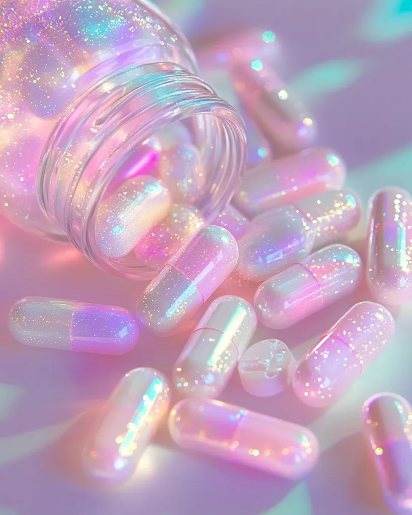 Pink and iridescent glitter capsules spill from a glass jar onto a soft pink surface.  The pills shimmer with pastel hues, creating a dreamy, ethereal aesthetic.  The overall image is bright, vibrant, and visually appealing, suggesting a whimsical or fantastical context. The focus is on the texture and color of the capsules.