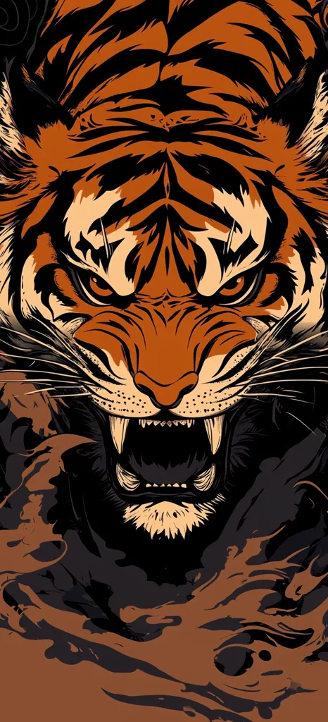 A stylized illustration of a tiger's face dominates the image.  The tiger's orange and black stripes are rendered with bold, graphic lines, creating a powerful and intense expression. Its mouth is open in a fierce roar, revealing sharp teeth. The background is a swirling, dark brown abstract design, adding to the overall dramatic effect. The artwork has a strong, almost aggressive energy.