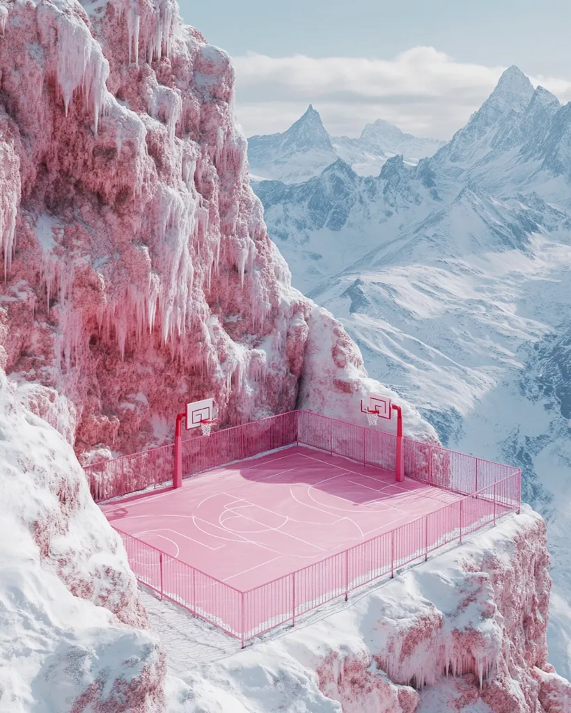 A surreal, digitally-created image depicts a pink basketball court perched precariously on a snow-covered, pink-hued cliff overlooking a vast, snow-capped mountain range.  The court is enclosed by a pink fence, and icicles hang from the cliff face. The scene is dreamlike and contrasts the vibrant pink with the cold, white landscape.