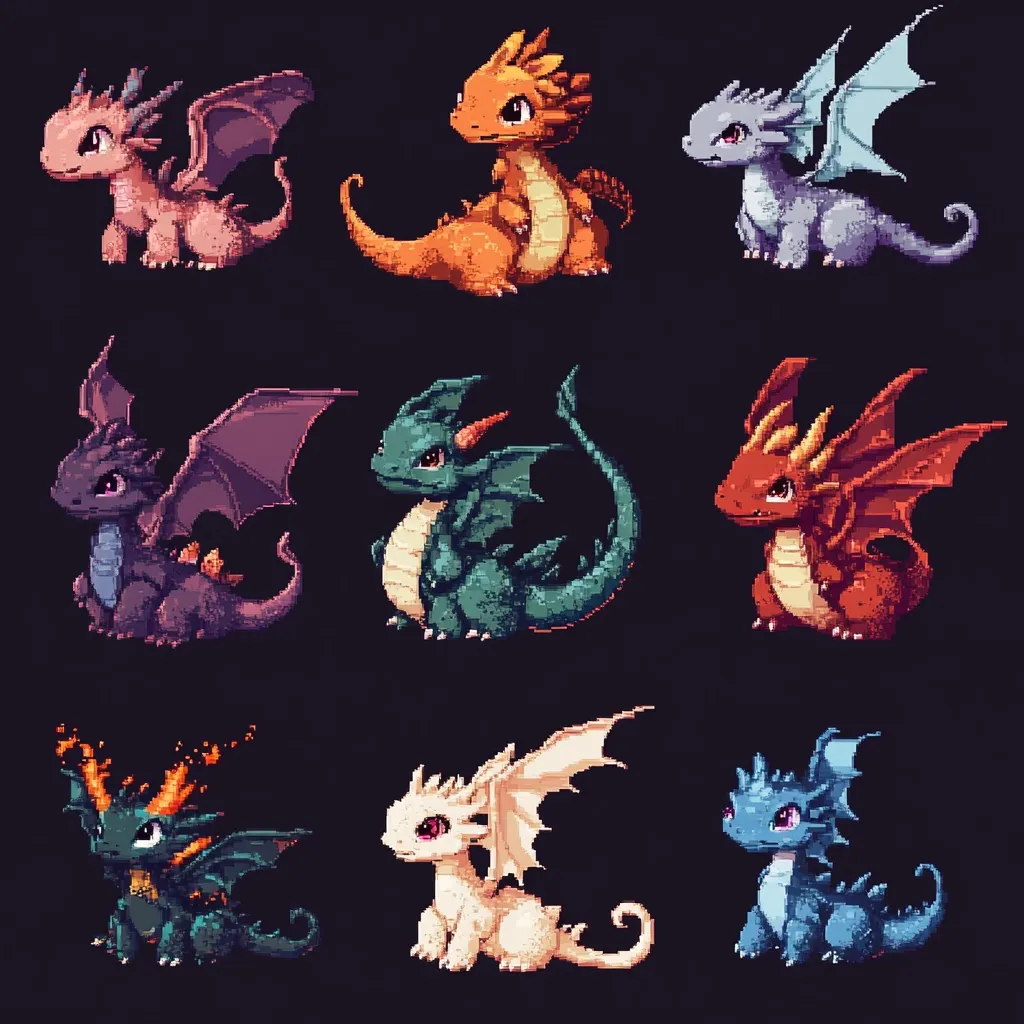 Nine adorable pixel art baby dragons, each a different color and design, are arranged in a grid.  They feature various wing shapes and sizes, and expressions. Colors include pink, orange, purple, teal, red, dark teal, cream, and blue.  The dragons are depicted in a playful, charming style, suitable for a game or children's book.