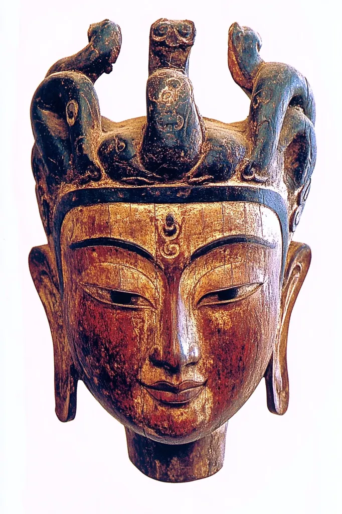 A richly colored wooden mask depicts the head and shoulders of a serene Buddha.  The dark wood, accented with gold, shows signs of age and wear.  Three stylized creatures adorn the top, forming a crown-like headdress. The Buddha's expression is peaceful and contemplative, his features finely carved with detail. The mask exhibits a traditional style, possibly from East Asia.