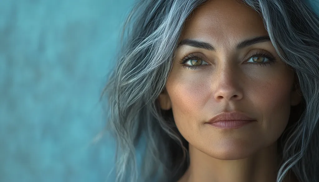 Close-up portrait of a woman with shoulder-length, wavy gray hair.  Her expression is serious and contemplative, her gaze directly at the camera.  The background is a blurred teal, drawing focus to her face and natural beauty.  Her skin shows subtle lines and textures, reflecting age and experience. The overall image conveys a sense of calm strength and self-assuredness.