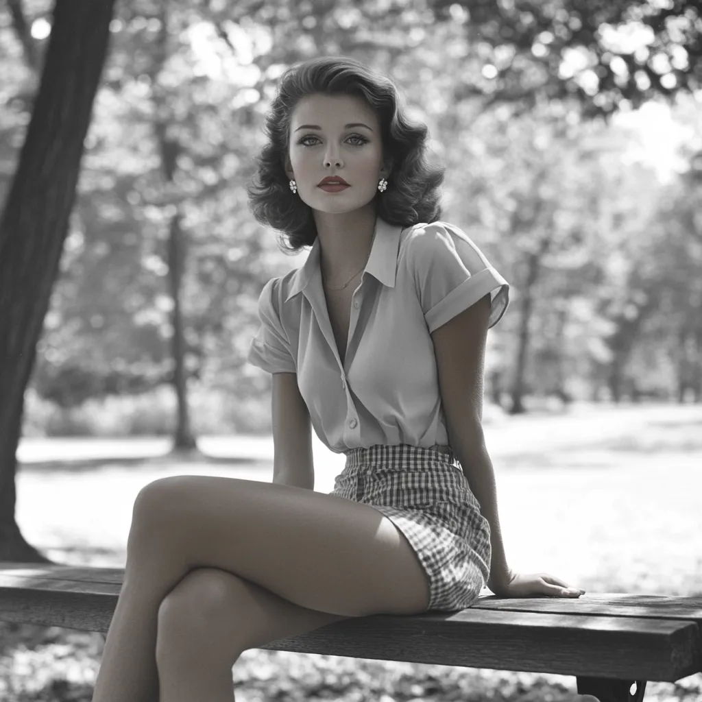 A black and white photograph of a stylish woman sitting on a park bench.  She wears a light-colored button-down shirt and gingham shorts, her hair styled in a classic 1950s fashion.  She gazes directly at the camera with a confident expression, her posture elegant and relaxed amidst the dappled shade of the trees. The overall mood is one of timeless beauty and grace.