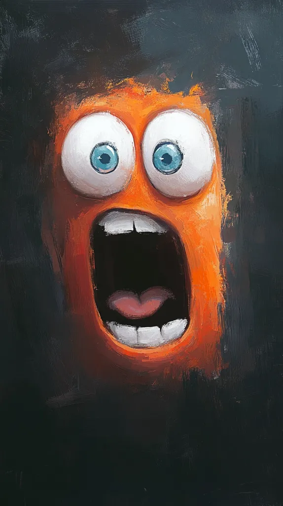 A digital painting showcases a cartoonish orange creature with large, expressive eyes and an open mouth in a surprised or scared expression.  The creature's texture appears rough, painted with visible brushstrokes, contrasting with its smooth, wide eyes.  The dark background emphasizes the creature's bright orange color. The style is playful yet slightly unsettling.