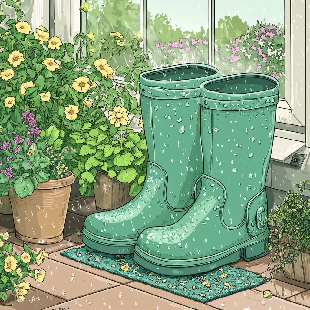 A pair of teal rain boots sits on a doormat, speckled with raindrops.  Surrounding them are potted plants, thriving in the gentle rain falling outside a sunlit window.  Yellow and purple flowers bloom brightly, adding a splash of color to the serene rainy day scene.  The overall mood is peaceful and tranquil.