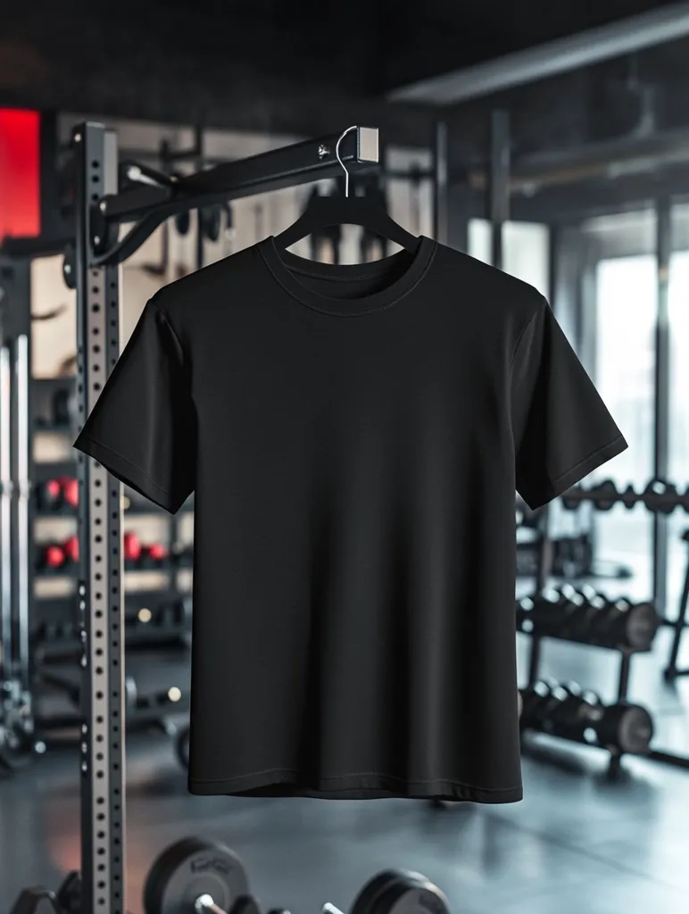 A plain black t-shirt hangs on a clothes rack in a gym. The shirt is the focal point, with a blurry background of gym equipment including dumbbells and weight racks.  The dark, moody atmosphere emphasizes the simplicity of the black tee, suggesting potential for branding or design. The image is clean and professional, ideal for showcasing apparel.