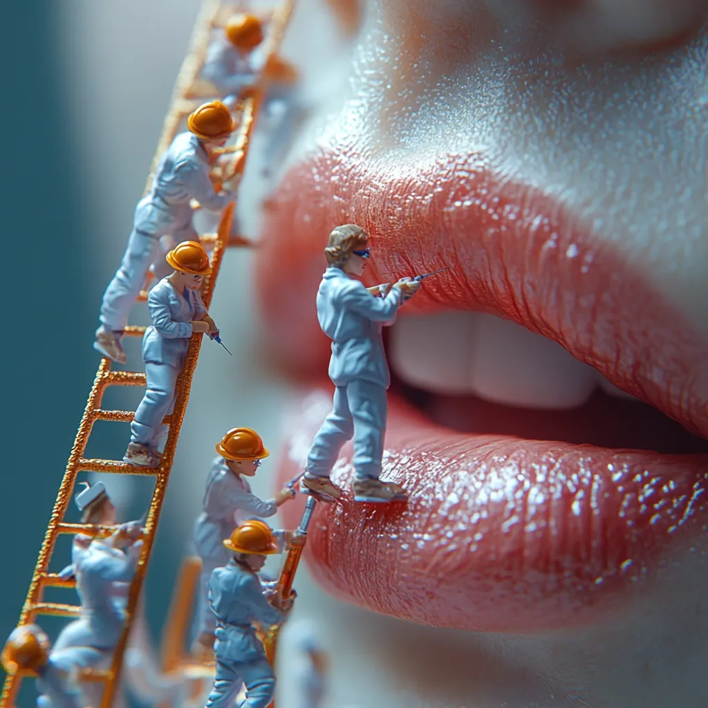 Miniature figures, resembling construction workers, scale a ladder towards a giant, close-up human lip.  They appear to be performing intricate work, possibly cosmetic enhancements, on the lip's surface.  The contrast between the tiny workers and the immense lip creates a surreal and intriguing visual effect, hinting at the scale of beauty treatments.  The image is highly detailed, with realistic rendering of both the miniature figures and the human anatomy.