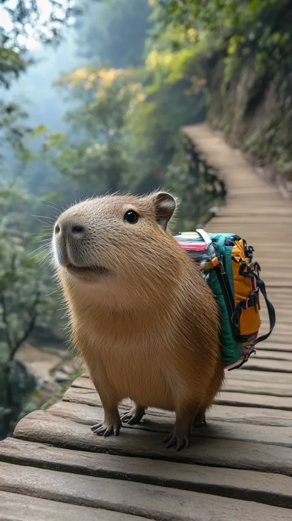 A capybara, a large rodent, stands on a wooden walkway in a lush forest.  It wears a small backpack, suggesting a hiking adventure. The capybara gazes towards the viewer with a curious expression.  The background is blurred, highlighting the capybara and its unusual attire. The scene is peaceful and whimsical, showcasing the animal in an unexpected context.