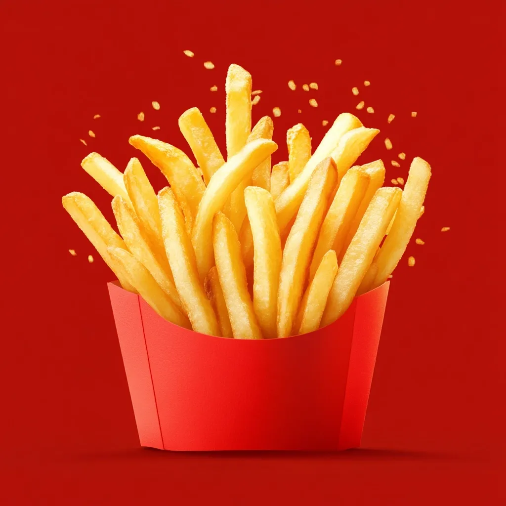 A red cardboard container overflows with golden-brown french fries.  The fries are crisp and appear freshly cooked, with some slightly askew, suggesting a generous portion.  A few seasoning specks are suspended in mid-air, adding to the dynamic, appetizing image against a solid red background.
