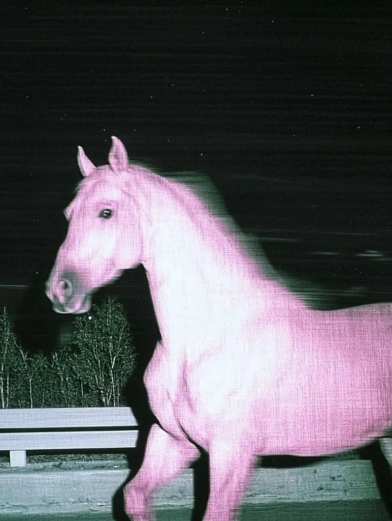 A pink horse is captured in motion, appearing as if running across a road at night. The image is slightly blurred, suggesting a long exposure shot.  The background is dark with a hint of trees and a guardrail visible, creating a mysterious and surreal atmosphere.  The horse's form is somewhat distorted due to the motion blur.
