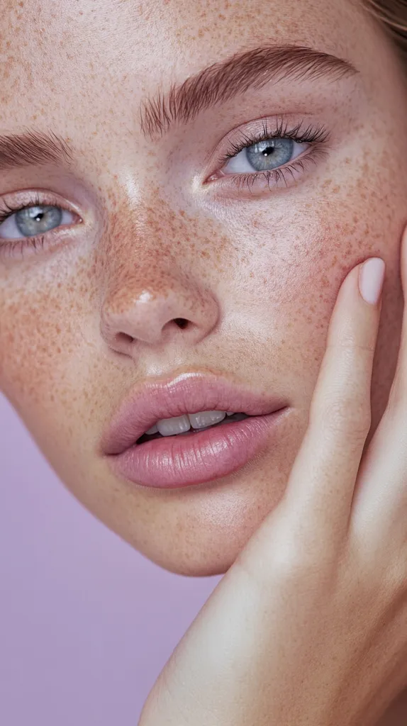 Close-up of a woman's face, showcasing her light skin, freckles, and blue eyes.  Her eyebrows are naturally shaped, and her makeup is minimal and natural-looking.  She gently rests her hand on her cheek, creating a soft and serene expression. The background is a muted lilac. The overall image is clean and emphasizes natural beauty.