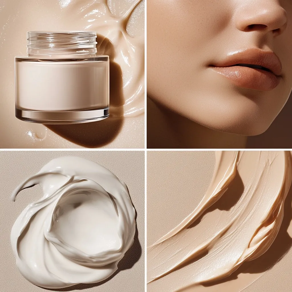 A collage showcases a beige cream in a glass jar, alongside close-up shots of a woman's smooth, makeup-free skin, highlighting its natural glow.  Swatches of the cream are displayed, emphasizing its texture and creamy consistency.  The overall aesthetic is clean, minimalist, and focuses on the product's luxurious quality.