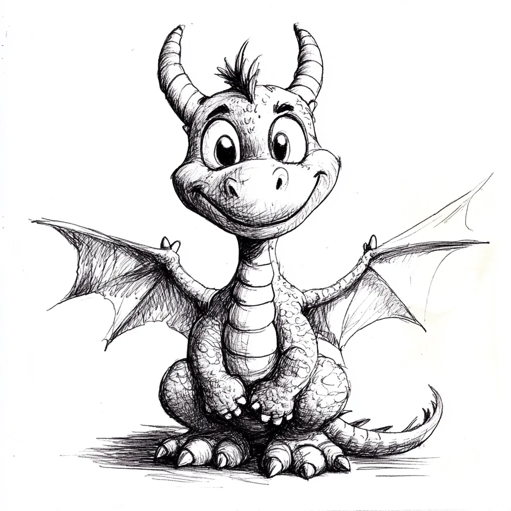 A charming ink drawing depicts a baby dragon, sitting with its wings outstretched.  Its large, expressive eyes and cheerful smile convey a friendly demeanor.  The dragon's body is meticulously detailed with hatching, showcasing its scaly texture and small, clawed feet. The overall style is whimsical and cartoonish.
