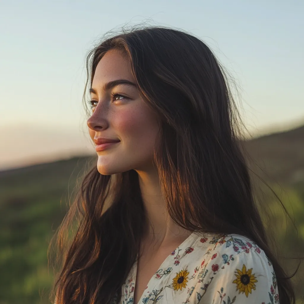 A young woman with long, dark brown hair gazes thoughtfully into the distance.  Her profile is illuminated by the warm glow of the setting sun. She's wearing a cream-colored floral dress with sunflowers, suggesting a peaceful, outdoor setting.  Her expression is serene and content, conveying a sense of calm and contemplation.  The overall mood is one of gentle beauty and tranquility.