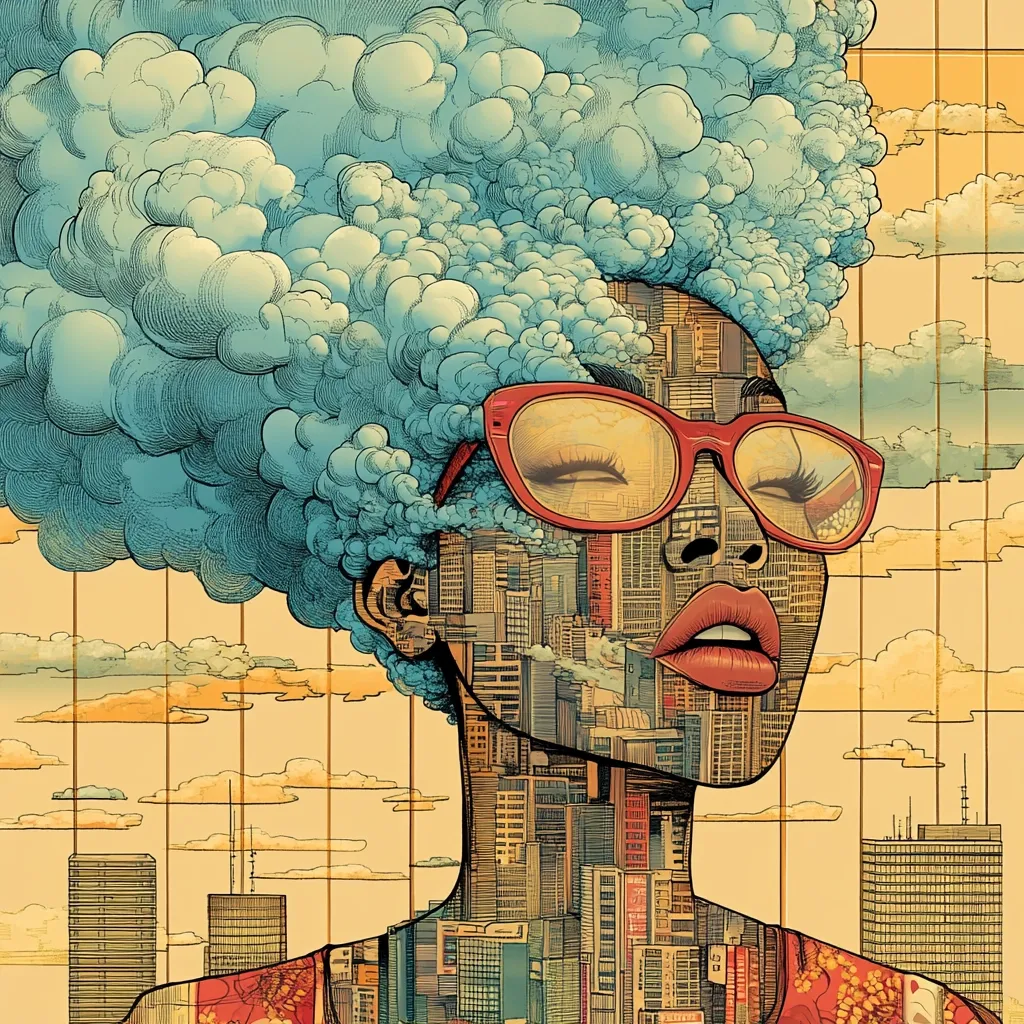 A stylized portrait of a woman with a voluminous, cloud-like hairstyle. Her face is a composite of a cityscape, buildings forming her features. She wears red glasses, her expression serene.  The background is a gridded, pastel sky with clouds and distant buildings, creating a surreal and dreamlike atmosphere.  The artwork uses detailed pen-and-ink style with muted color palettes, suggesting a blend of urban and ethereal elements.
