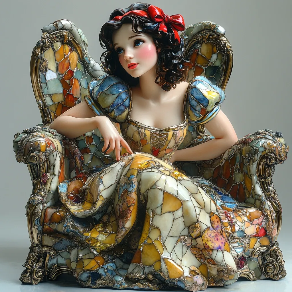 A meticulously crafted figurine depicts Snow White seated on an ornate, mosaic-covered chair.  Her dress and the chair's upholstery are intricately detailed with a vibrant array of colorful, stained-glass-like pieces.  Snow White's porcelain-like skin and expressive features are striking against the richly textured background.  The overall effect is one of exquisite artistry and fairytale charm.