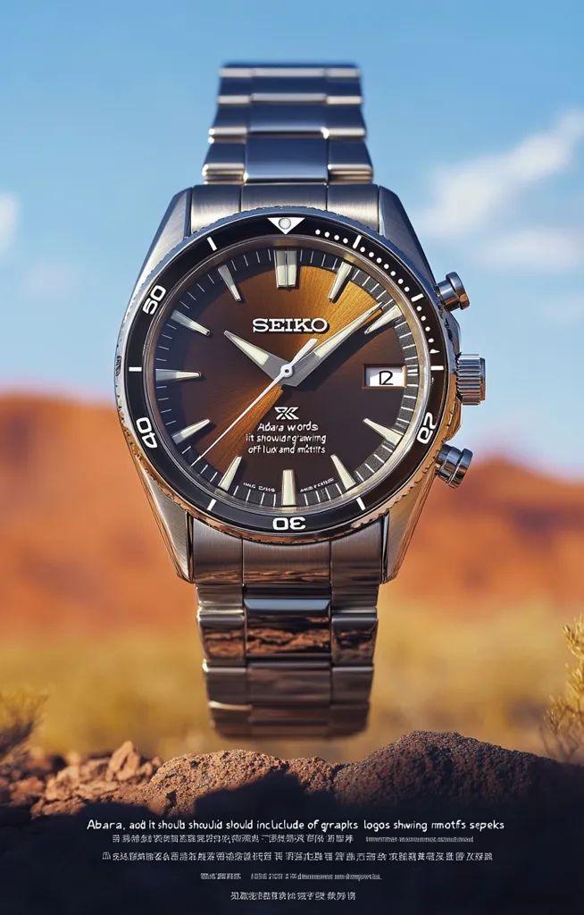 A Seiko watch with a brown dial and stainless steel bracelet is displayed against a blurred backdrop of reddish-brown earth.  The watch face features the Seiko logo and a small inscription. The image evokes a sense of adventure and ruggedness. The bottom shows text in both English and another language.