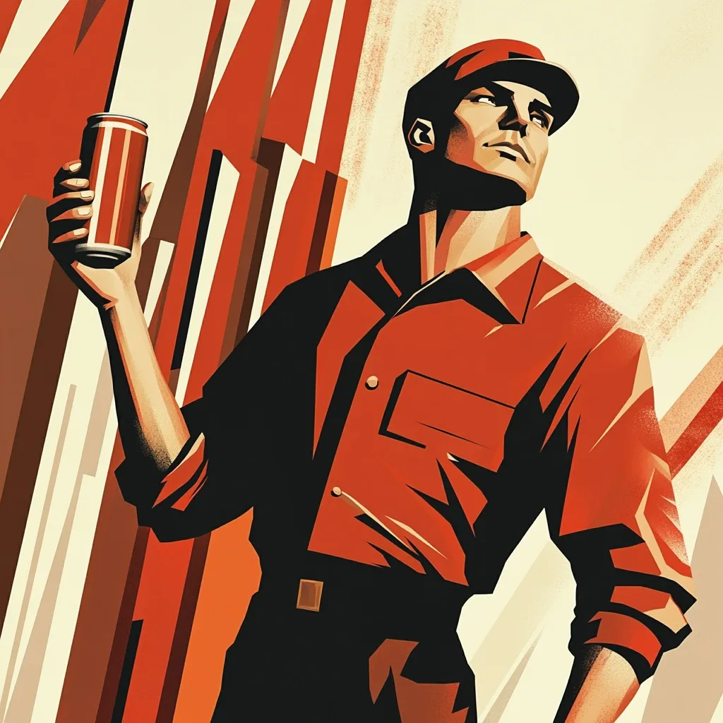 A stylized illustration in the style of Soviet propaganda art depicts a strong, proud worker in a red shirt and cap. He holds a can of soda, his gaze directed upward, suggesting hope and optimism. The bold red and cream color palette, along with the dynamic composition, creates a powerful and memorable image.  The background features abstract shapes evocative of industrial progress or flags.