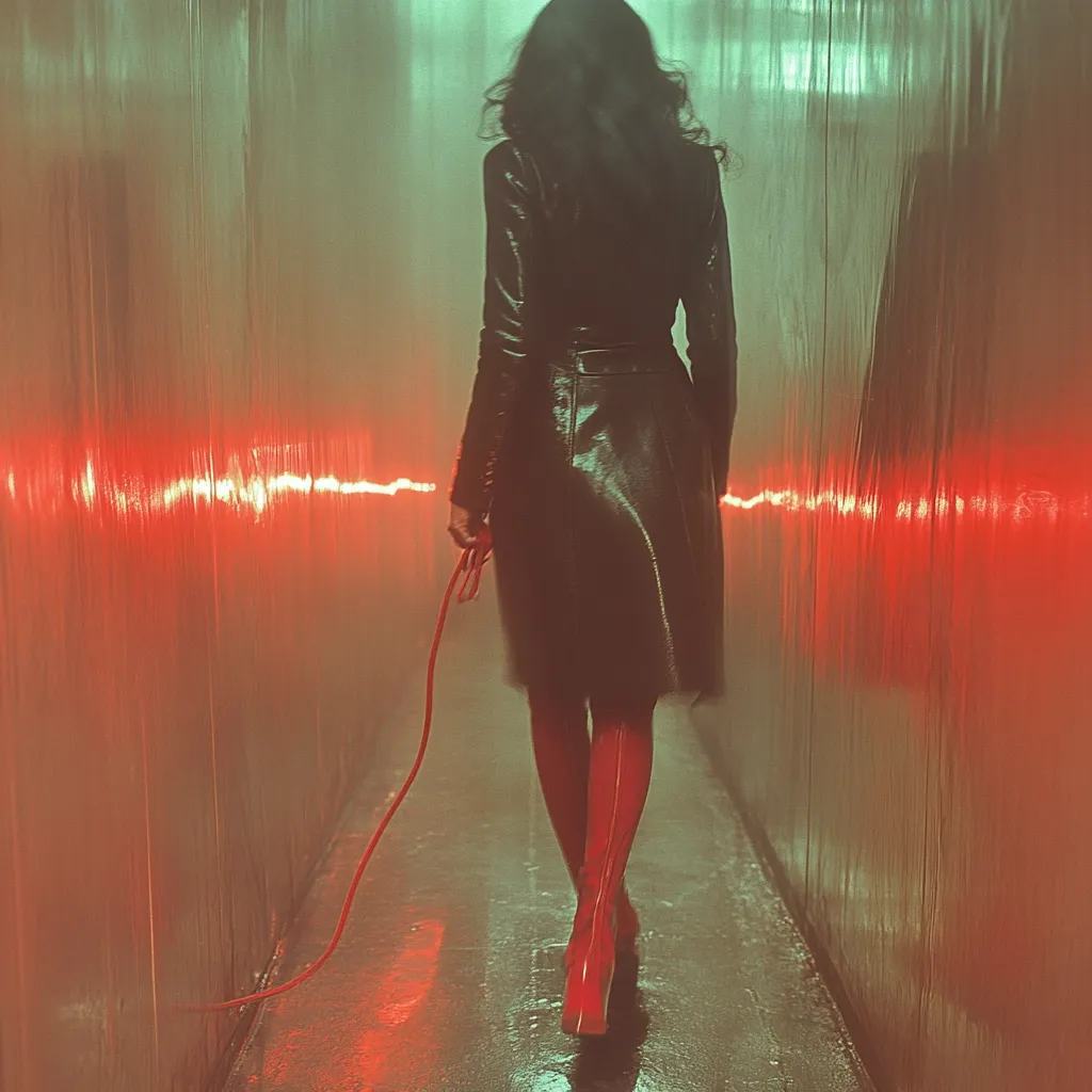 A woman in a black leather coat and red boots walks down a long, narrow corridor.  Red lights illuminate the walls, casting a dramatic glow. She holds a red whip, trailing behind her. The atmosphere is mysterious and suggestive, hinting at a scene of power and control. The overall aesthetic is dark, moody, and cinematic.