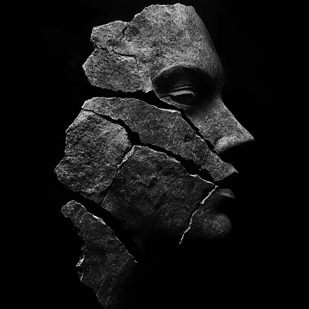 A monochrome close-up reveals a sculpted face, seemingly crafted from stone, fractured into numerous jagged pieces.  The cracks spread across the entire visage, suggesting fragility and decay.  The profile view highlights a stoic expression, even amidst the fragmentation, set against a stark black background.  The image evokes themes of ruin, vulnerability, and the passage of time.