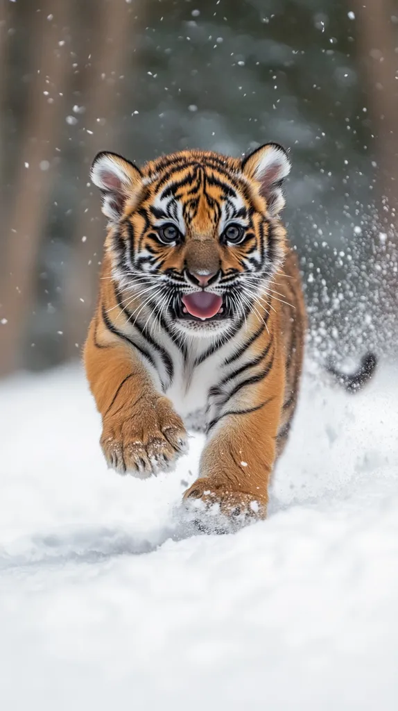 A cute tiger cub playfully runs through a snowy landscape.  Its orange and black stripes contrast beautifully with the white snow.  The cub's mouth is slightly open, suggesting a joyful expression. Snowflakes fall around it, creating a magical winter scene.  The background is blurred, focusing attention on the adorable tiger cub in motion.