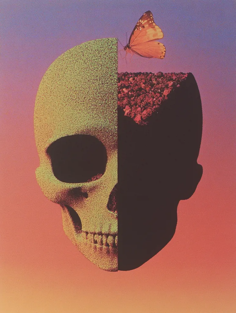 A surreal image depicts a skull bisected; one half is a textured, light green skull, the other dark and shadowed.  A vibrant orange butterfly rests atop the division. The background is a gradient of warm, sunset hues. The juxtaposition of life (butterfly, vibrant colors) and death (skull) creates a striking, thought-provoking contrast. The granular texture adds to the image's dreamlike quality.