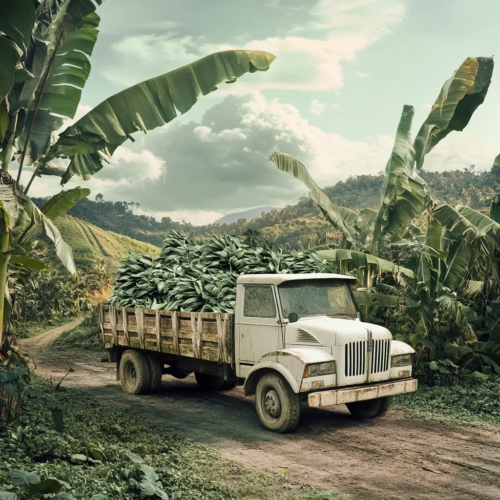 A weathered, white truck laden with a large quantity of harvested green foliage travels along a dirt road. Lush banana trees flank the path, creating a vibrant tropical setting against a backdrop of rolling green hills under a cloudy sky.  The scene evokes a sense of rural life and agricultural transport in a warm climate.