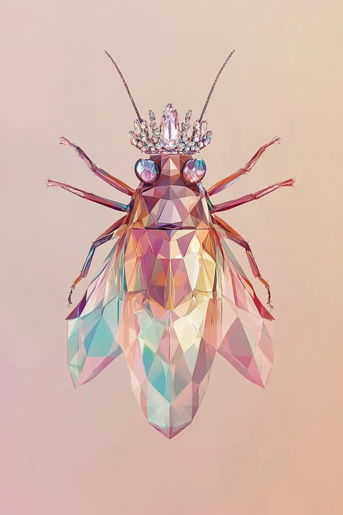 A low-poly, iridescent insect, possibly a cicada, is depicted wearing a diamond tiara.  The insect's body is composed of multifaceted geometric shapes, reflecting light in a rainbow of pastel colors. Its delicate, detailed wings and antennae add to the intricate design. The overall aesthetic is elegant and fantastical, blending nature with a touch of royalty.