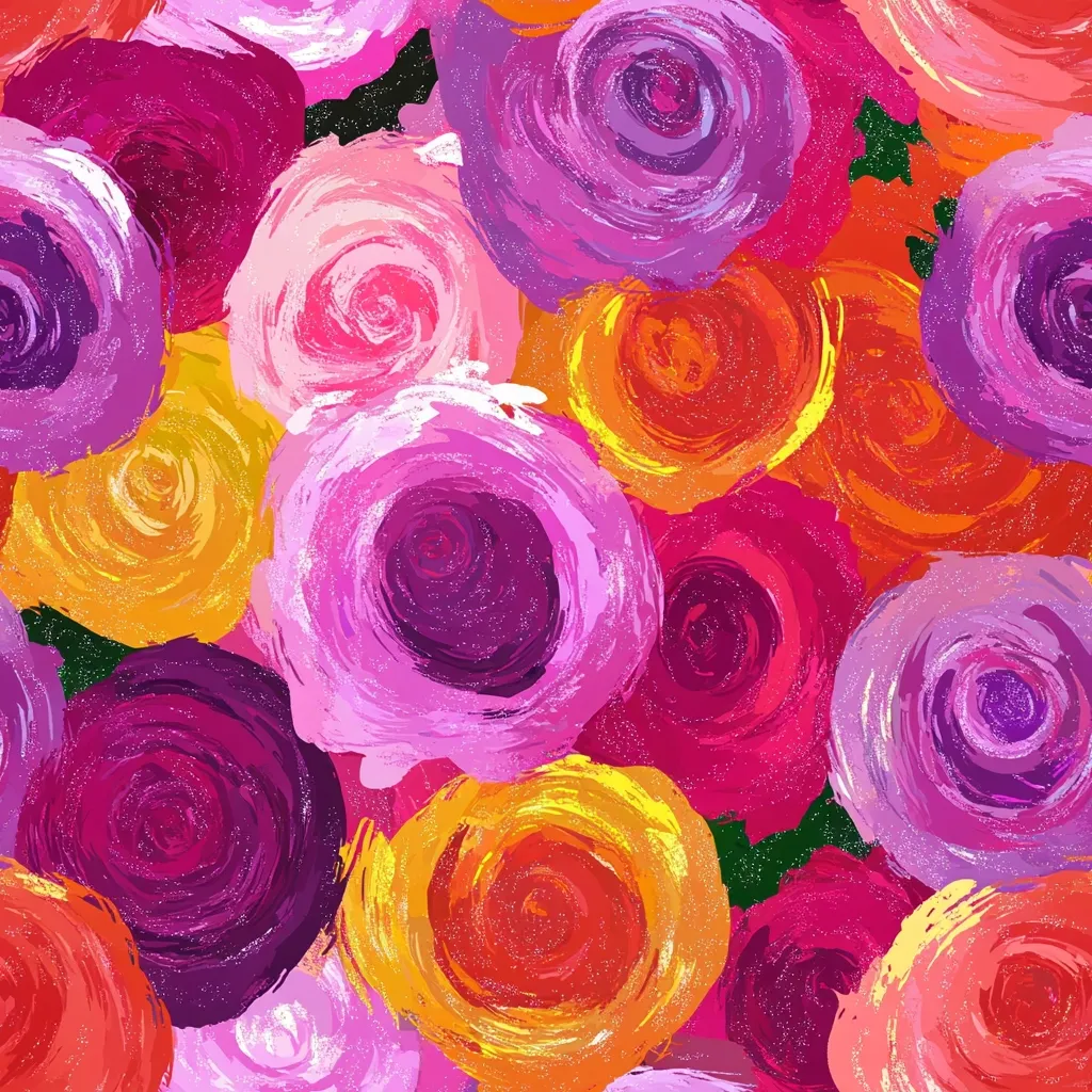 A vibrant, seamless pattern showcases a profusion of loosely painted rose blossoms in various shades of pink, purple, orange, and red.  The flowers overlap, creating a dense, textured effect.  The style is painterly and impressionistic, with visible brushstrokes adding depth and movement to the design.  A subtle sparkle effect enhances the overall richness of the color palette.