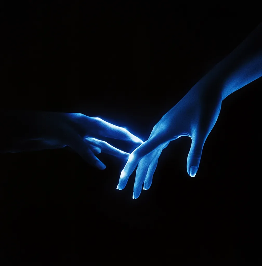 Two hands reach towards each other, fingers nearly touching in a dimly lit, dark setting.  The hands are illuminated with an ethereal blue glow, creating a striking contrast against the black background. The image evokes a sense of connection, longing, or a spiritual encounter.  The style is artistic and surreal.